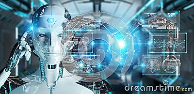 White woman robot using robotics arms with digital screen 3D rendering Stock Photo