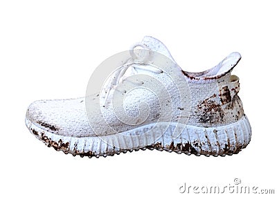 White women very dirty sneakers after walking, hiking. Very dirty sneaker. Off-road shoes for all kinds of mud. A very comfortable Stock Photo