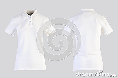 White womens blank polo shirt, front and back view isolated on white Stock Photo