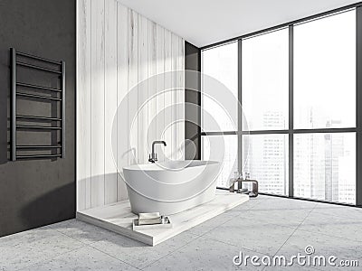 White wood bathtub area in grey bathroom. Corner view Stock Photo