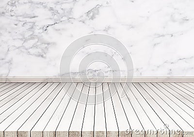 White wood floor with marble stone wall texture. texture background Stock Photo