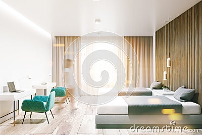 White and wood hotel suite, beds and tables, woman Stock Photo