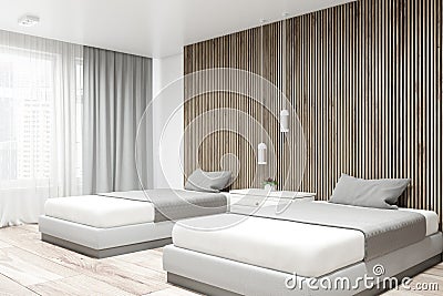 White and wood hotel suite corner, two beds Stock Photo