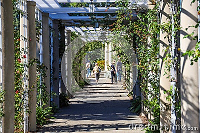White wooden awning in the garden covered with lush green plants or colorful flowers with stone pillars and people walking Editorial Stock Photo