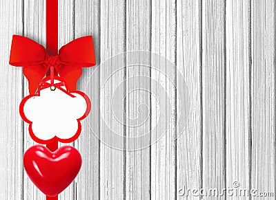 White wooden background with beautiful red bow with tag and hear Stock Photo