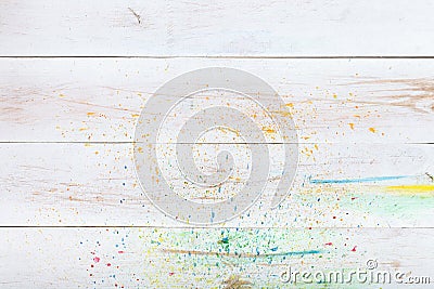 White wooden background with paint splashes, creative wood blank empty table desk plank board. Watercolor artist backdrop, art Stock Photo