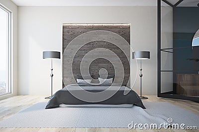 White and gray bedroom, fireplace Stock Photo