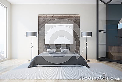 White and gray bedroom, fireplace and poster Stock Photo