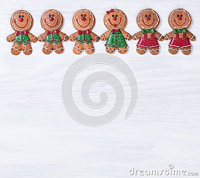 White wooden boards with Christmas cookies on upper border Stock Photo