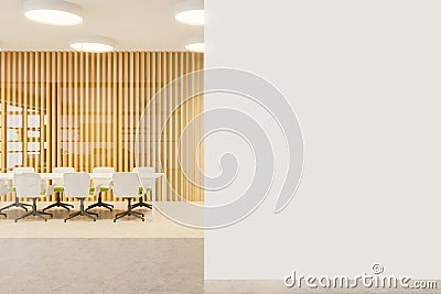 White and wooden bright conference room, mock up Stock Photo