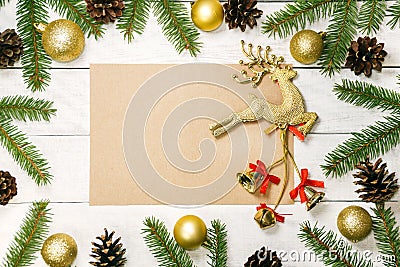 White wooden Christmas background. Border decorated fir branches Stock Photo