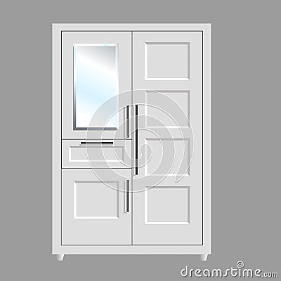 White wooden closed wardrobe with mirror. Modern minimalism furniture. Isolated. Cartoon illustration. Cartoon Illustration