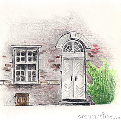 White wooden door and a white window on a brick old wal Stock Photo