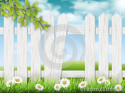 White wooden fence with broken plank Vector Illustration