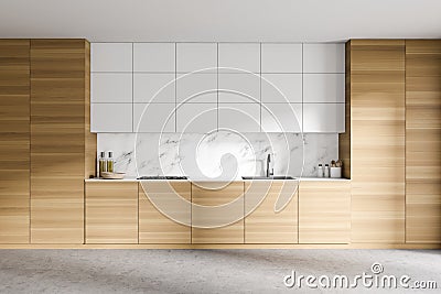 White and wooden kitchen with cupboards Stock Photo