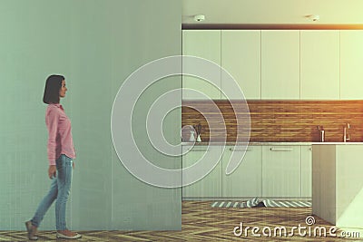 White and wooden kitchen, mock up wall toned Stock Photo