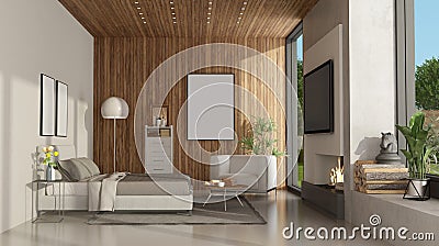 White and wooden minimalist master bedroom with fireplace Stock Photo