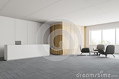 White and wooden office with reception and lounge Stock Photo