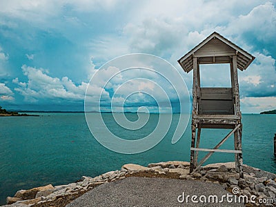 White wooden sea hut and Cloudy sky in Khao Laem Ya nation park Stock Photo