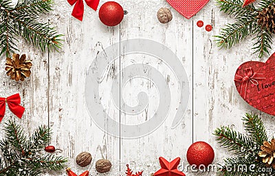 White wooden table with christmas tree and decorations top view Stock Photo