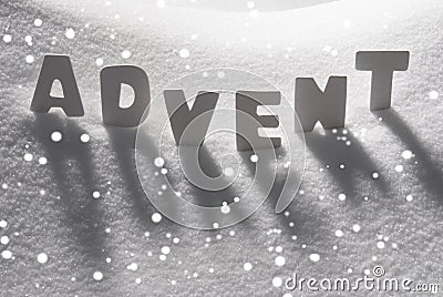 White Word Advent Means Christmas Time On Snow, Snowflakes Stock Photo