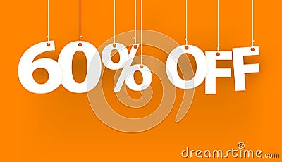 White words 60% OFF- word hanging on the ropes on orange background. 3d vector illustration Vector Illustration