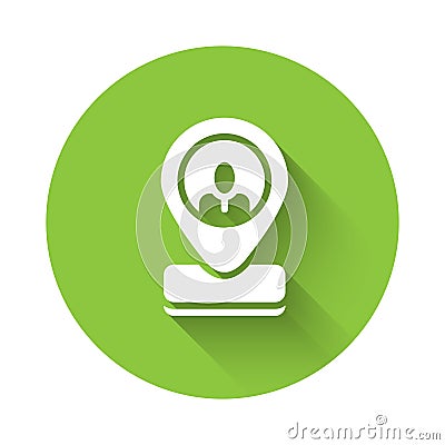 White Worker location icon isolated with long shadow. Green circle button. Vector Vector Illustration