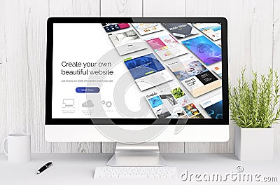 white workspace with computer website builder Stock Photo
