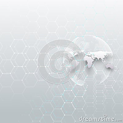 White world globe, connecting lines and dots, gray color background. Chemistry pattern, hexagonal molecule structure Vector Illustration