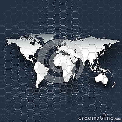 White world map, connecting lines and dots on blue color background. Chemistry pattern, hexagonal molecule structure Vector Illustration