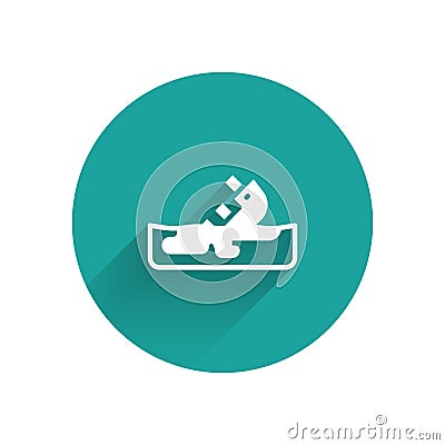 White Wrecked oil tanker ship icon isolated with long shadow. Oil spill accident. Crash tanker. Pollution Environment Vector Illustration