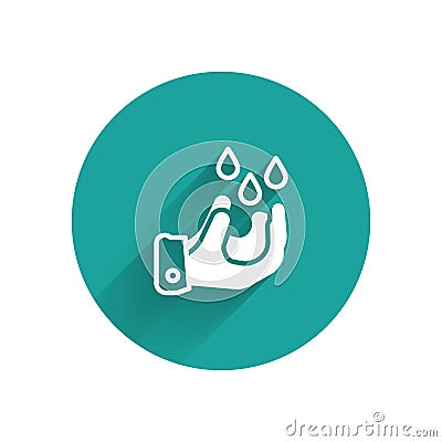 White Wudhu icon isolated with long shadow background. Muslim man doing ablution. Green circle button. Vector Vector Illustration