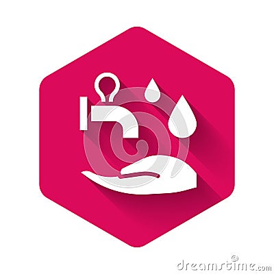 White Wudhu icon isolated with long shadow background. Muslim man doing ablution. Pink hexagon button. Vector Vector Illustration