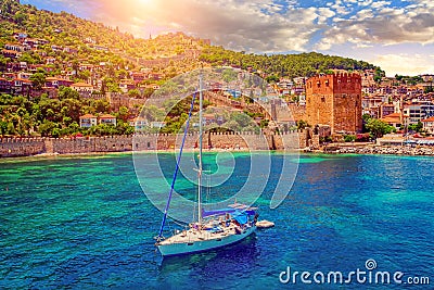 White yacht in the sea bay. Harbor of the Red Tower Alanya, Turkey Stock Photo