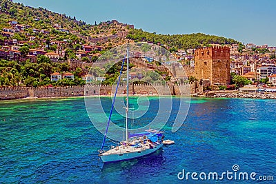 White yacht in the sea bay. Harbor of the Red Tower Alanya, Turkey Editorial Stock Photo