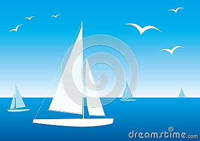 White yachts are in a dark blue sea Vector Illustration