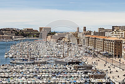 White yachts in the Old Vieux Port in the city center of Marseilles Editorial Stock Photo