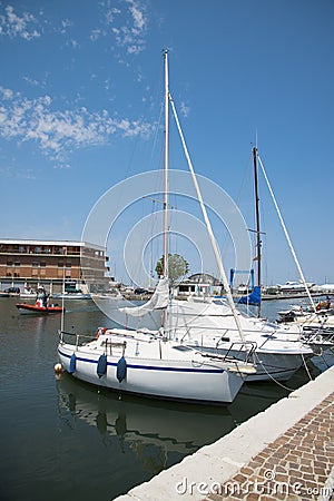 White yachts in the port waiting. Misano Adriatico, Emilia Romagna, Italy Stock Photo