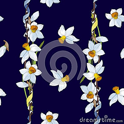 White yellow daffodils on a bark blue background. Seamless pattern Vector Illustration