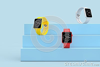 White, Yellow and Red Modern Smart Watch Mockups on a Blue Product Presentation Podium Cube. 3d Rendering Stock Photo
