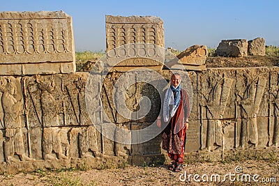 Young woman tourist with a head covered stands on the background of the famous bas-reliefs of the day capital of Persia Iran - P Stock Photo