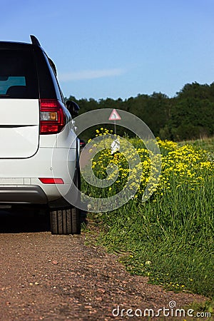 White youth car parked by the side of the road during a travel picnic. Outdoor weekends, local travel Stock Photo