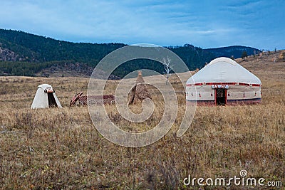 White Yurt - Nomad`s tent is the national dwelling of Kazakhstan people Stock Photo