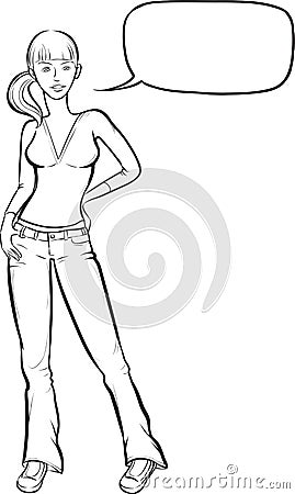 Whiteboard drawing - standing girl in jeans with speech bubble Vector Illustration
