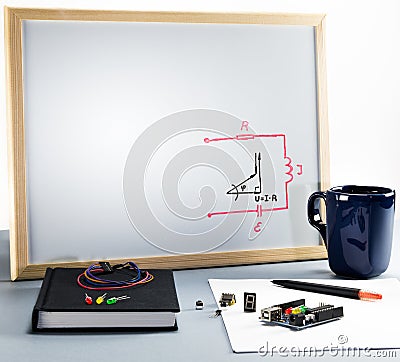 White board for school education of digital circuit design and electronics. Stock Photo