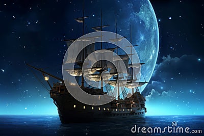 Whiteboards pirate ship moon sky. Generate Ai Stock Photo