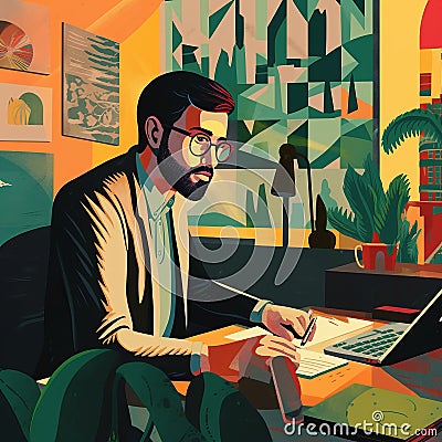 A whitecollar worker in a suit sits at a desk with a computer Cartoon Illustration