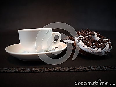 Whitecup blackbackground aroma coffee tea donuts Stock Photo