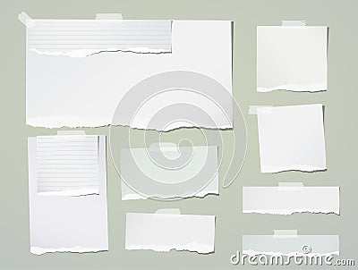 Whitel ripped blank, lined note, notebook paper strips for text or message stuck with sticky tape on green background Vector Illustration