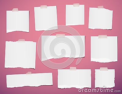 Whitel ripped blank note, notebook paper strips for text or message stuck with sticky tape on violet background Vector Illustration